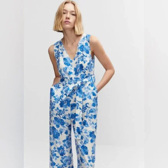 Mango Floral-Print Jumpsuit With Tie Blue and White Print Size Extra Small - Picture 3 of 14